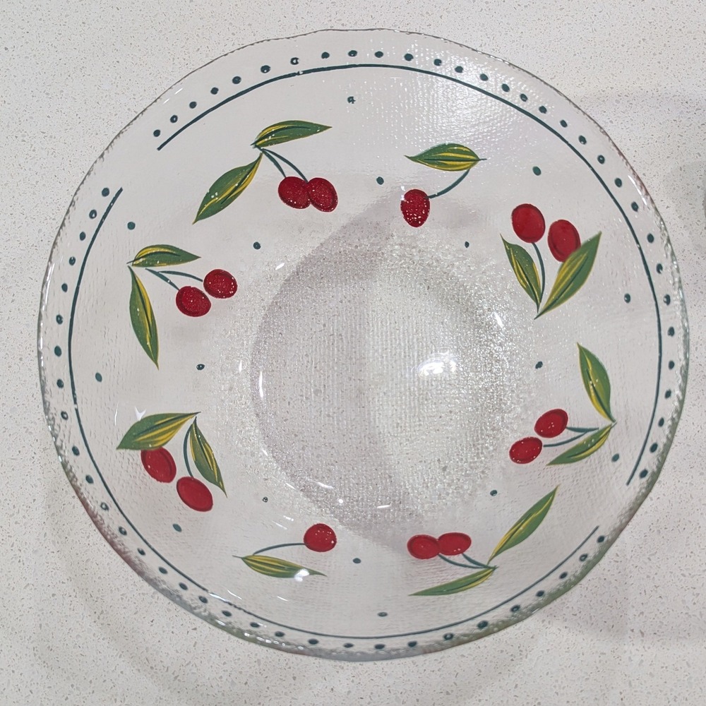 Arcoroc Serving Bowl Textured Glass‎ Hand Painted Cherry Motif 10.5"